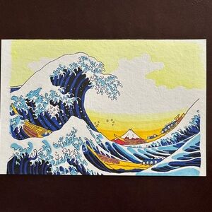 Copic Ink Marker  5x7 Inch The Wave Japanese Drawing Rendition Ocean Nature Blue